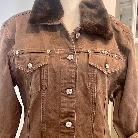 NWOT, David Bitton BUFFALO brown denim dress with removable fur collar - Picture 2 of 6